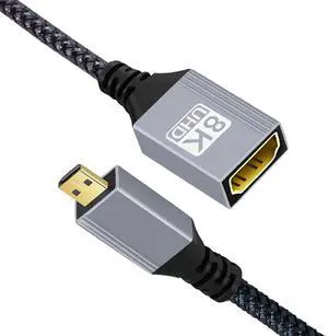 Vszerda Cord 8K Type-D Micro HDMI 2.1 Male to HDMI Female Extension HDTV Cable for DV Camera Laptop Portable Monitor 17CM