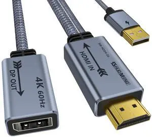 Vszerda HDMI to Displayport Adapter 4K@60Hz, 2K@120Hz, 1080P@165Hz, HD (PC/Laptop) Male to DP (Monitor) Female Cable with USB Power Compatible with GPU,Laptop,AMD,NVIDIA,PS5,Xbox 20cm/0.65ft