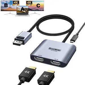 DisplayPort to Dual HDMI Adapter, 4K@60Hz male DP computer to female HDMI monitor for 2 Monitors, 1 in 2 out MST Display converter with lock, for PC Laptop splitter , NVIDIA, AMD Graphics Card