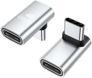 Vszerda 90 Degree USB-C Male to Female Adapter, 2 Pack Right Angle 100W Type-C Adapter Extender for Steam Deck, ROG Ally, Switch, Notebook Computers, Tablet and Mobile Phones (Silver)