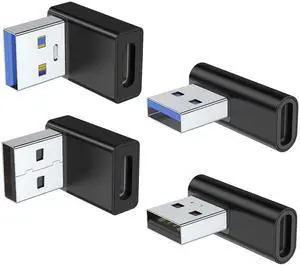 Vszerda 90 Degree USB to USB C Adapter 4 Pack, Up and Down Angle, Left and Right Angle Type C Female to A Male Converter Extender for PC, Laptop, USB A Charger, Power Bank and More (Black)
