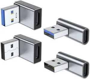 Vszerda 90 Degree USB to USB C Adapter 4 Pack, Up and Down Angle, Left and Right Angle Type C Female to A Male Converter Extender for PC, Laptop, USB A Charger, Power Bank and More (Grey)