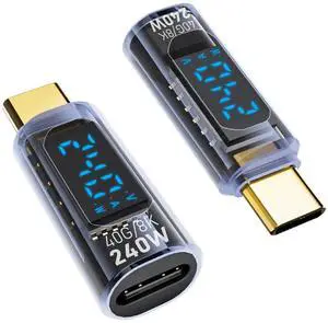 Vszerda 240W USB C Adapter with LED Digital Display (2 Pack), USB-C Male to Female Connector for iPhone 16/15 Series, iPad Air/Pro, MacBook, Support Voltage, Current and Power Smart Display
