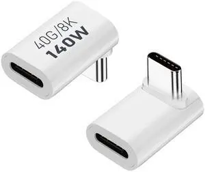 Vszerda 90 Degree USB-C Male to Female Adapter, 2 Pack Right Angle 140W Type-C Adapter Extender for Steam Deck, ROG Ally, Switch, Notebook Computers, Tablet and Mobile Phones (White)