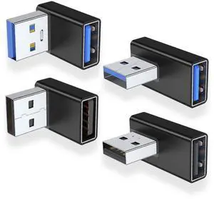 Vszerda 90 Degree USB 3.0 Adapter 4 Pack, Up and Down Angle, Left and Right Angle USB A Male to Female Converter Extender for PC, Laptop, USB A Charger, Power Bank and More (Black)
