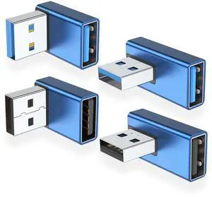 Vszerda 90 Degree USB 3.0 Adapter 4 Pack, Up and Down Angle, Left and Right Angle USB A Male to Female Converter Extender for PC, Laptop, USB A Charger, Power Bank and More (Blue)