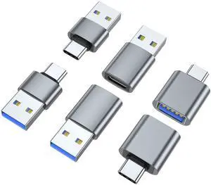 Vszerda USB C Adapter (6 Pack), USB A Male to USB C Male, USB 3.0 Male to USB C Female, USB Type-C Male to USB 3.0 Female Converter Connector (Grey)