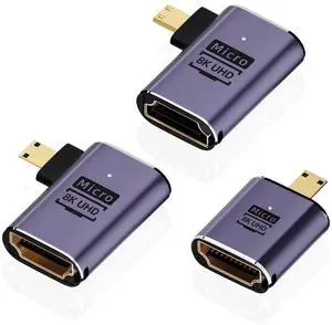 Vszerda 8K Micro HDMI to HDMI Adapter (3 Pack), 90 Degree Left and Right Angle Micro HDMI Male to HDMI Female Cable for Sony A6000, Raspberry Pi 4, GoPro Hero 7 and Other Sport Camera