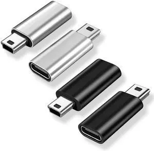 Vszerda Mini USB 2.0 to USB C Adapter (4 Pack), USB Type C Female to Mini USB Male Converter Connector for Digital Camera, MP3 Players, Dash Cam, GPS Receiver and More (Black+Silver)