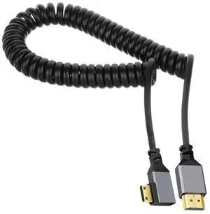 Vszerda Mini HDMI 2.0 Male to HDMI Male 4K 60hz Stretch Coiled Cable Right Angled 90 Degree for HDTV Computer Laptop Monitor
