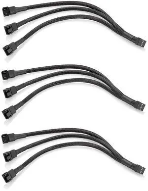 Vszerda PWM Fan Splitter Cable 10 inches, 3 Pack, Black, 3 Way 4 Pin PC Fan Extension Cable, CA PWM Fan Extension Cable, for Computer ATX Case 4-Pin/3-Pin Cooling Fan Cable