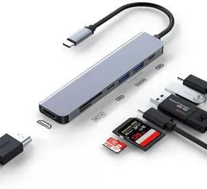 Vszerda 7-in-1 USB C Hub: 4K@30Hz HDTV, USB 3.0/2.0, Type C, SD/TF, PD100W Charging, Compatible with MacBook, iPad, HP, Samsung, Huawei