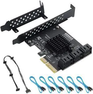 Vszerda PCIe 4X to 6 SATA Expansion Card, 6Gbps SATA3.0 Controller with LED Indicator, 6 SATA Cables, 15 PIN Power Cable for Win10/8/7/XP/Vista/Linux