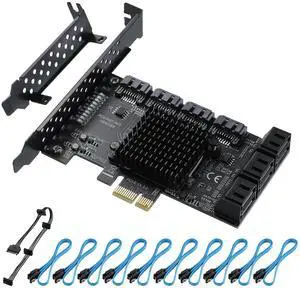 Vszerda PCIE 1X SATA Card 10 Ports,6 Gbps SATA 3.0 Controller PCIe Expansion Card,Non-Raid,Support 10 SATA 3.0 Devices,with Low Profile Bracket and 10 SATA CablesChip:ASM1166