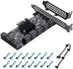 Vszerda PCIe SATA Controller Expansion Card - 16 Ports, 6 Gbit/s SATA 3.0, Boot as System Hard Drive, Suitable for All PCIe Slots (JMB575 + ASM1064)