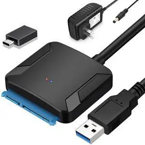 Vszerda SATA to USB 3.0 Adapter, External Hard Drive Converter Cable for 2.5" 3.5" HDD, SSD with Power Supply