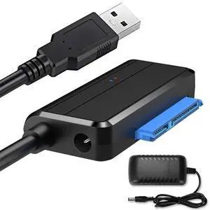 Vszerda SATA to USB Adapter Cable, USB 3.0 to 2.5" 3.5" SATA Hard Drive Apater, External Converter for SSD/HDD Data Transfer, with 12V/2A Power Adapter, Support UASP, Black
