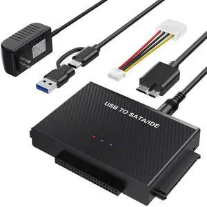 Vszerda Hard Drive Reader USB 3.0 to SATA IDE AdapterIDE SATA to USB + Type C External Data Recovery Converter Kit for Universal 2.5 3.5 HDD SSD Hard Drive Disk, with 12V/2A Power Adapter