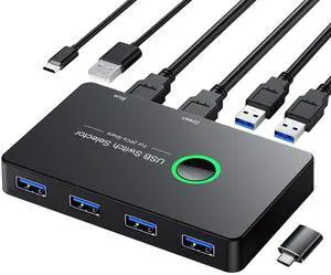 USB 3.0 Switch, USB Switcher 2 Computers Share 4 USB for PC Mouse Keyboard Printer Scanner, USB KVM Switch Selector Compatible with Windows, Mac, Linux