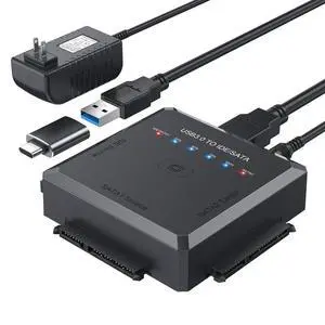 Vszerda Hard Drive Reader Ultra Recovery Converter, SATA IDE to USB 3.0 Adapter for 2.5" 3.5" HDD/SSD, USB to SATA/IDE One Touch Clone with 12V Power Adapter