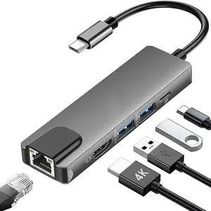 Vszerda 5 in 1 USB C Ethernet Multiport Adapter for MacBook, USB C Hub to 4K@60oz HDMI Splitter with 2 USB 3.0 1 PD Dock Dongle, Compatible with MacBook Pro Air/Chromebook/Dell XPS/HP/Matebook