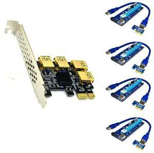 Vszerda PCI-E 1x to 16x Riser Card PCI-Express 1 to 4 Slot PCIe USB3.0 Adapter Port Multiplier Miner Card for BTC Bitcoin Miner Mining (4*sata Cables)