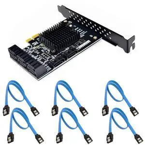 Vszerda 8 Ports SATA 3.0 to PCIe Expansion Card Adapter Converter with 6 SATA Cables Low Profile Bracket Boot As System Disk for Marvell 88SE9215 Chip with Heat Sink HDD (6*Blue Straight Cable)