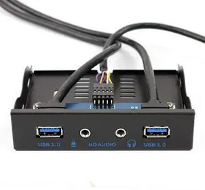 Vszerda 2Ports USB3.0 PC Front Panel Bracket 3.5 Floppy Bay 19Pin to USB 3.0 Hub HD Audio Earphone Mic Connector with Cable for Desktop (Black)