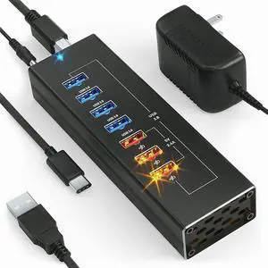 Powered USB Hub - Multi-Port USB Hub with 7 USB 3.0 Ports, 3 Fast Charging USB 3 0 Ports, with Cords C and A, Power USB HUB Adapter