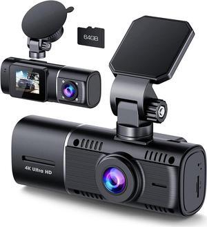 4K Dual Dash Cam Front and Inside, 2160P+1080P IR Night Vision Cabin Car Camera with 64GB Memory Card, Wide Angle Mini Dash Camera Car Video with Parking Mode for Taxi