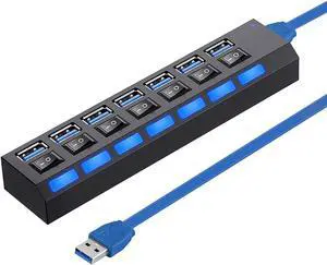 Multi Port USB Splitter7 Port USB 3.0 Hub, USB A Port Data Hub with Independent On/Off Switch and LED Indicators, Lights for Laptop, PC, Computer, Mobile HDD, Flash Drive and More (Black)