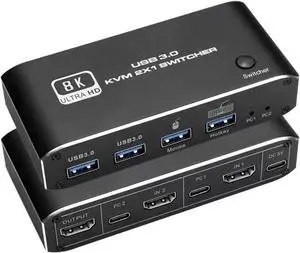 8K HDMI KVM Switch 8K USB KVM HDMI Switch 2x1 HDMI2.1 Ports + 4X USB3.0 KVM Ports,Share 2 Computers one Monitor Switch,Supports 8K 60Hz,4K 120Hz,YUV 4:4:4,HDCP 2.3,HDR 10,Hotkey,Darkish