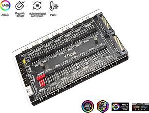12V 4Pin PWM Hub & 5V 3Pin ARGB Controller with SATA 15Pin Power 2-in-1 16 Way Sync CPU Cooling Fan Addressable RGB Lighting PCB Splitter for Extended Motherboard Interface & LED Strip -Black