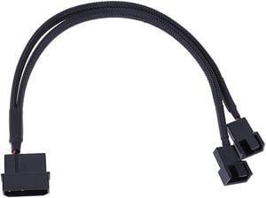 10 inch Black Sleeved 4pin IDE Molex to 2 Ports 3Pin/4Pin PWM Fan Power Splitter Adapter Cable - 12V DC Only