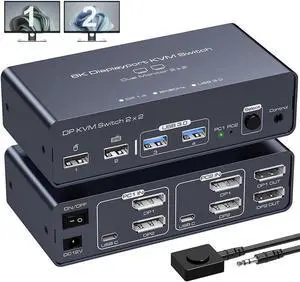 2 Port Dual Monitor DisplayPort KVM Switch 2 in 2 Out, 8K60Hz 4K120Hz Displayport KVM Switch for 2 Monitors 2 Computers Shared 4 USB Device Support DP1.4 With USB3.0 to USB C Cable - Aluminium
