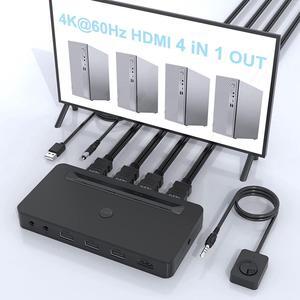 Vszerda 4K HDMI KVM Switch 4 Ports for 4 Computers Share One HD 4K Monitor, 3 USB Devices Keyboard Mouse Printer, 2 3.5mm Headphone Jack, Including 4 HDMI Cable and 1 Remote Controller