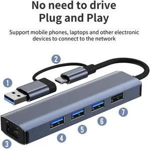 USB C & USB 3.0 to Ethernet Adapter, [3x USB 3.0 + 1x USB 2.0] 5 in 1 USB Hub with RJ45 10/100/1000 Gigabit Ethernet Adapter Support Windows 10,8.1,Mac OS, Surface Pro,Linux,Chromebook and More