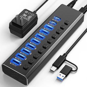 Powered USB Hub 3.2, 10-Port USB 3.2/USB C Hub (10Gbps USB-A 3.2 + 2x USB-C 3.2 + 7x USB 3.0 Ports) with Individual On/Off Switches and 12V Power Adapter, Aluminum USB Hub Powered for Laptop PC