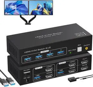 2 Port Dual Monitor HDMI KVM Switch, 8K @60Hz 4K @120Hz HDMI USB 3.0 KVM Switcher for 2 Computers 2 Monitors with 4 Ports USB 3.0 Support Copy and Extended Display and Desktop Control