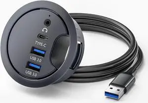 Desk Grommet USB 3.0 Hub with 2x Type-A (USB 3.0), 1x Type-C Port, 1x 3.5mm Audio Jack, 4.9Ft Long Cord for Diameter 60mm Hole, Desktop Cable Organizer, Home Office PC Accessories