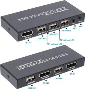 DisplayPort KVM Switch 2 Ports, USB Switch Share Monitor Keyboard and Mouse for Laptop, DP Display Port KVM Switcher Support 4K @60Hz, with 2 DisplayPort Cables and 2 USB Cables