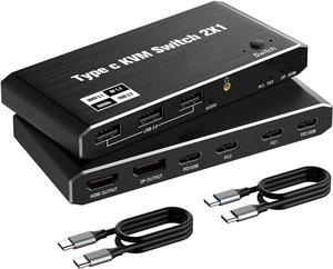 USB C KVM Switch 8K @60Hz 4K @120Hz, 2 Port Type C KVM Switch for 2 Computers Share 1 Monitor [HDMI + DisplayPort Output], USB C KCM with 3 USB 2.0 Ports & 100W Power Delivery, 2 USB-C Cables Included