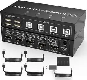 4 Port HDMI + DisplayPort KVM Switch Dual Monitor, UHD 4K@60Hz, KVM Switch 2 Monitors 4 Computers with 4 USB 2.0 Hub, Keyboard Video Mouse Peripherals Switcher for 4 PCs Dual Monitors