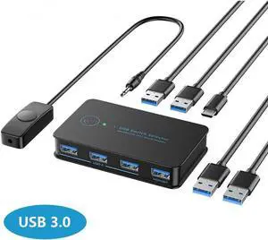 USB 3.0 Switch 2 in 4 Ouit, USB Switcher for 2 Computers Share 4 USB for Printer Keyboard Mouse, Scanner, USB KVM Switch Selector with 2 USB 3.0 Cables, Support Hotkey/Button/Wired Remote Switching
