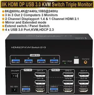 8K 2 Displayport + HDMI USB 3.0 KVM Switch 3 Monitors 2 Computers, 8K@60Hz 4K@144Hz 2 Displayport + HDMI Triple Monitor KVM Switch with 4 USB 3.0 Ports, KVM Triple Monitor Keyboard Mouse Switcher