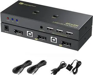 2 Port DisplayPort KVM Switch with USB 2.0 Ports, DP 1.2 4K @60Hz Display Port KVM Switcher Box for 2 Computers Sharing 1 Monitor Keyboard Mouse Peripherals Selector Box with USB Cables 2 Port DisplayPort KVM Switch with USB 2.0 Ports, DP 1.2 4K @60Hz Display Port KVM Switcher Box for 2 Computers Sharing 1 Monitor Keyboard Mouse Peripherals Selector Box with USB Cables