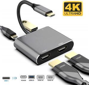 USB C to Dual HDMI Adapter, USB C Multiport Adapter Hub with 4K HDMI, USB 3.0 Hub and Type C to HDMI Converter for MacBook/MacBook Pro 2020/2019/2018,D-ell XPS 13/15,Surface Book 2, etc (Gray)