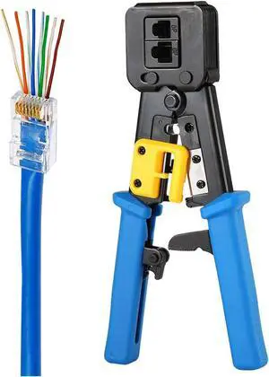 RJ45 Crimp Tool Pass Through Cat5 Cat5e Cat6 Crimping Tool for RJ45/RJ12 Regular and End-Pass-Through connectors