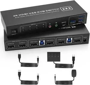 USB 3.0 HDMI KVM Switch 2 Montiors 2 Computers, 4K@60Hz Dual Monitor KVM Switch with 3 USB 3.0 Ports and Audio, 2 Port KVM Switch with Dual Monitor Cross Display for 2 Computers