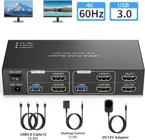 Dual Monitor HDMI KVM Switch, 2 Port HDMI KVM Switch Support 4K@60Hz USB 3.0 KVM Switches for 2 Computers Share 2 Monitors and 4 USB 3.0 Ports Such as Keyboards, Mice Printers and U Disk
